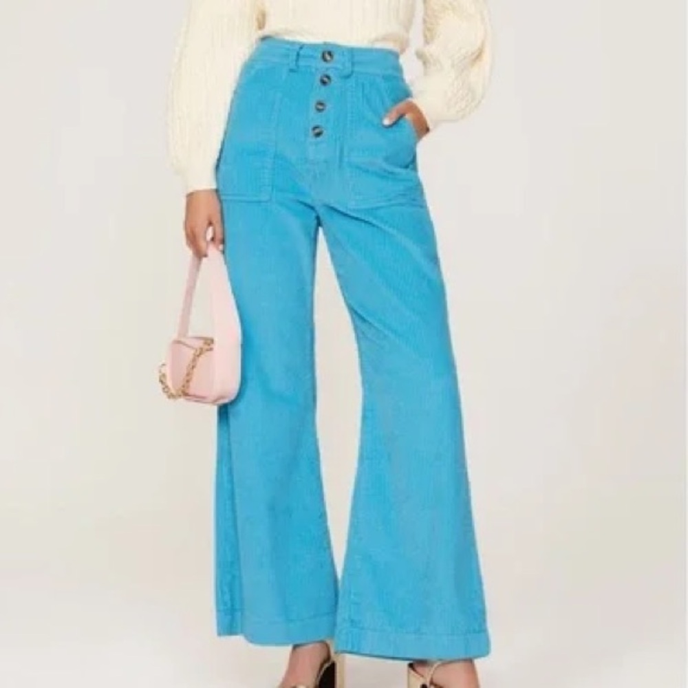 Blue corduroy (100% Cotton). Pants. Front button fly closure.